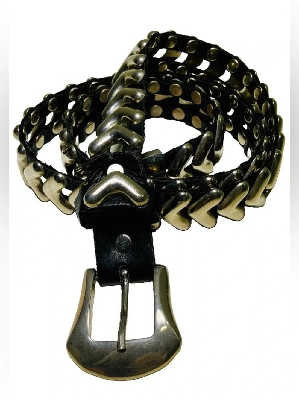 Vintage Heavy Sand Castle Black Leather Polished Steel 90s Biker Rocker Belt
